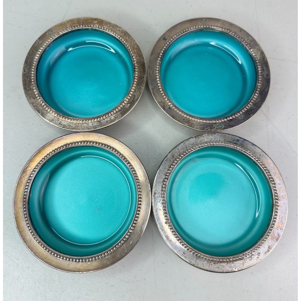 Vintage Set of 4 W&S Blackinton Teal Mid Century Coasters Silver Plate Enamel
